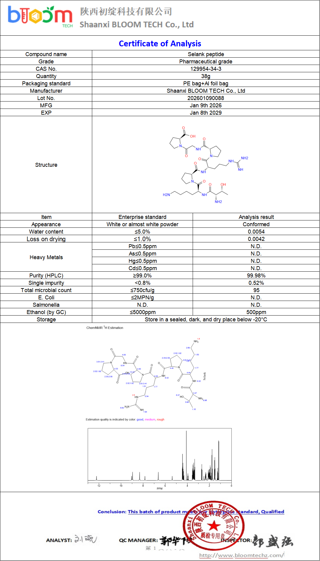 Selank COA | Shaanxi BLOOM Tech Co., Ltd Selank COA | Shaanxi BLOOM Tech Co., Ltd